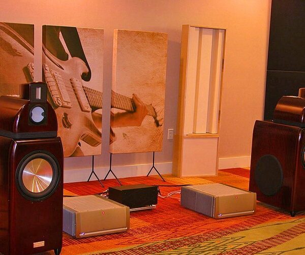 GIK Acoustics Acoustic Art Panel at Trade show with 2 channel listening room