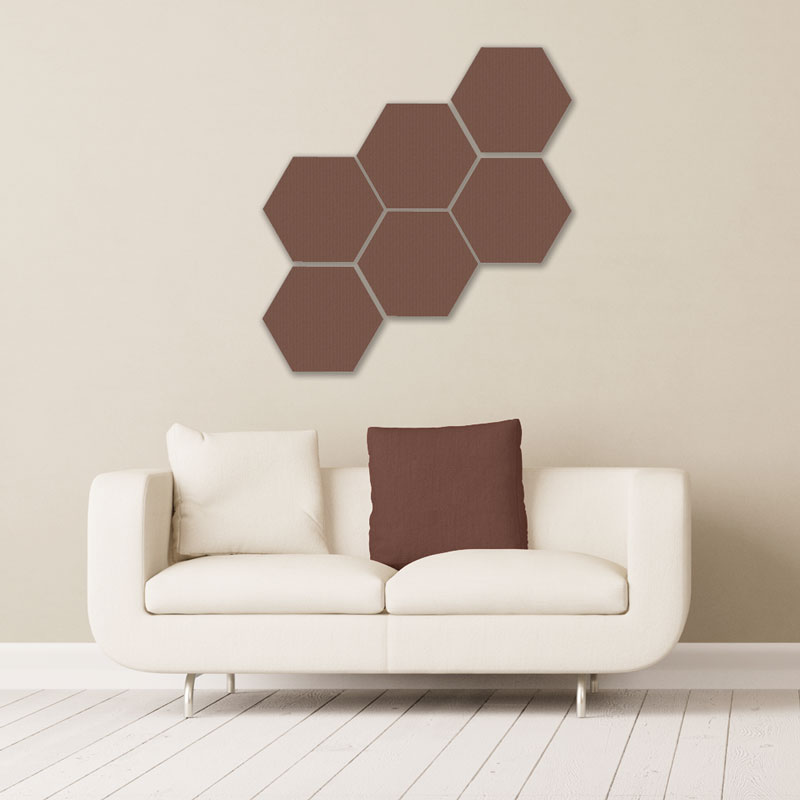 GIK ACoustics hexagon acoustic panel small coffee color above couch