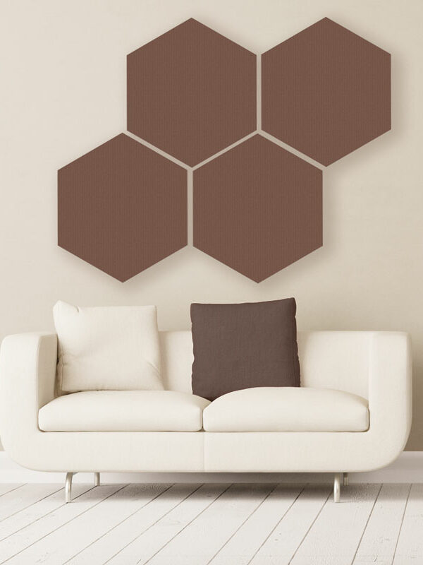 Gik acoustics hexagon acoustic panels large coffee color above couch