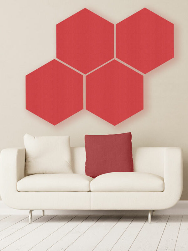 Gik acoustics hexagon acoustic panels large red color above couch