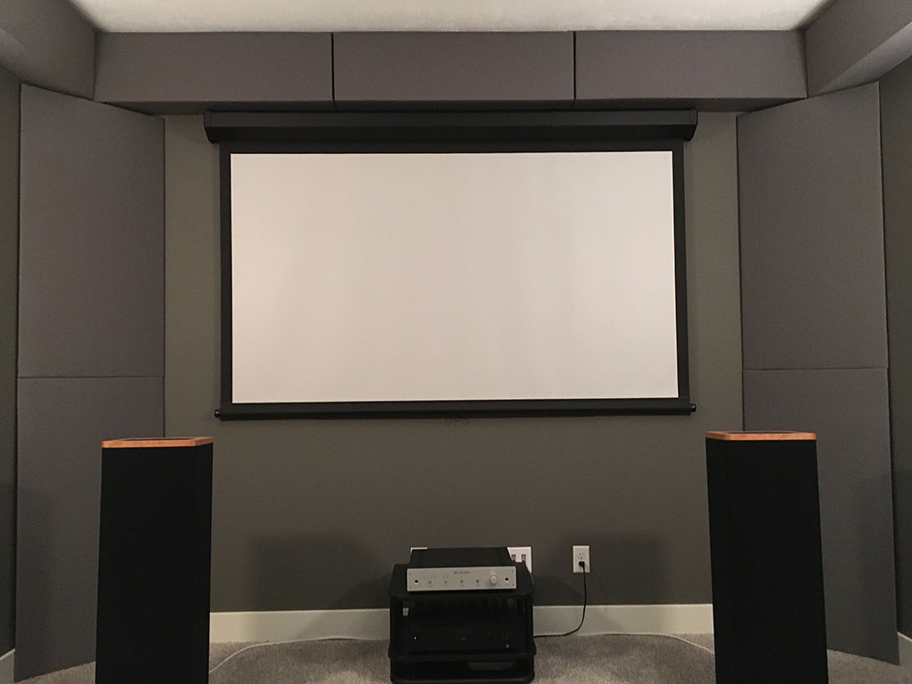 GIK Acoustics Soffit and bass traps in home theater straight on
