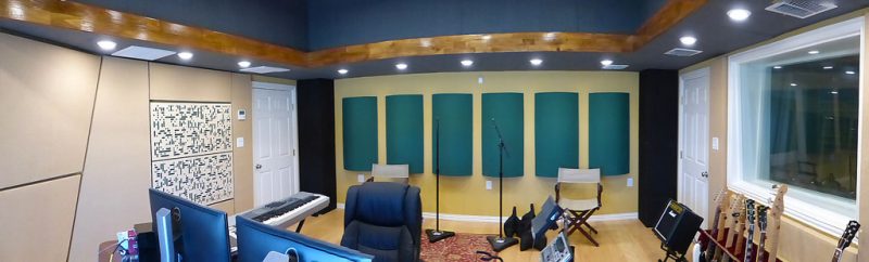 Recording Studio Acoustics design using GIK Acoustics hunter green PolyFusors and blonde Alpha 2Da's in Ed Driscoll's recording studio