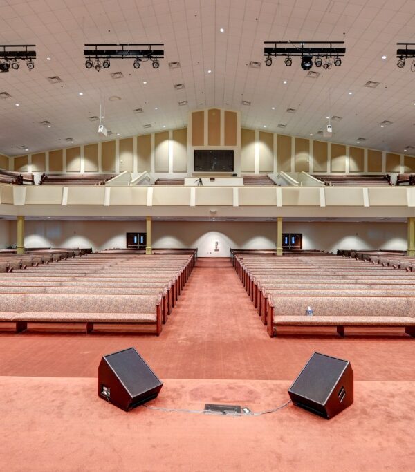 Back view of Church Acoustics and house of worship using GIK Acoustics panels on walls